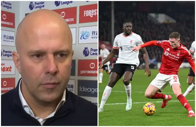 Arne Slot speaks to a reporter next to a picture of Ibrahima Konate defending.