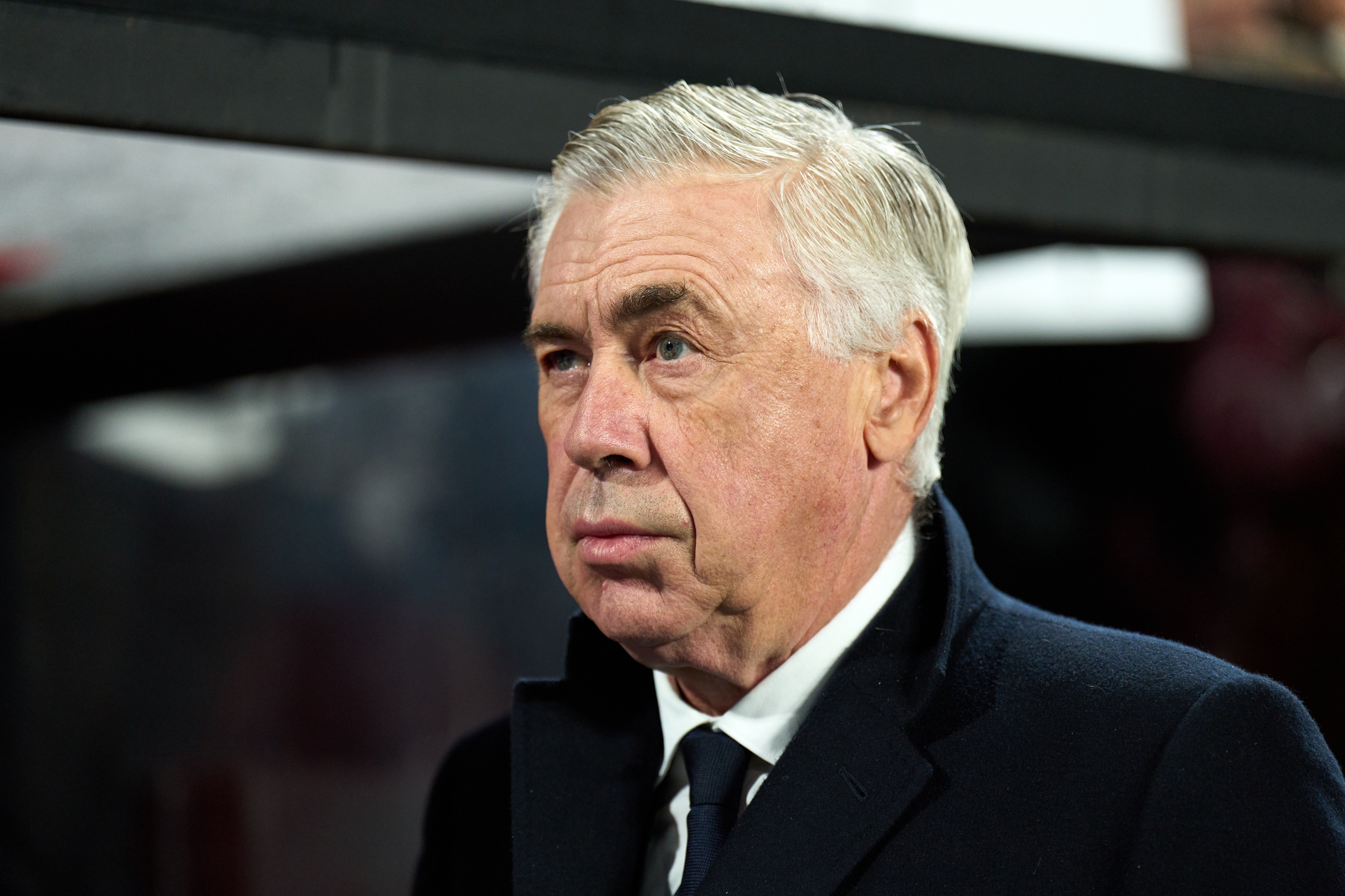 Carlo Ancelotti looks on ahead of Rayo Vallecano vs Real Madrid CF at Estadio de Vallecas
