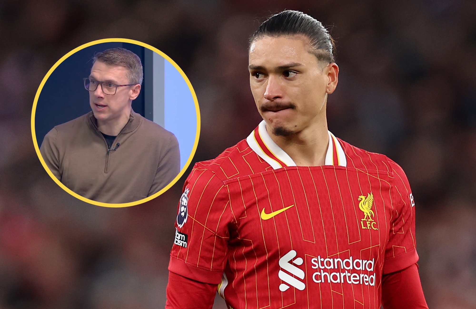 A thoughtful Darwin Nunez looks at a picture of Stephen Warnock.