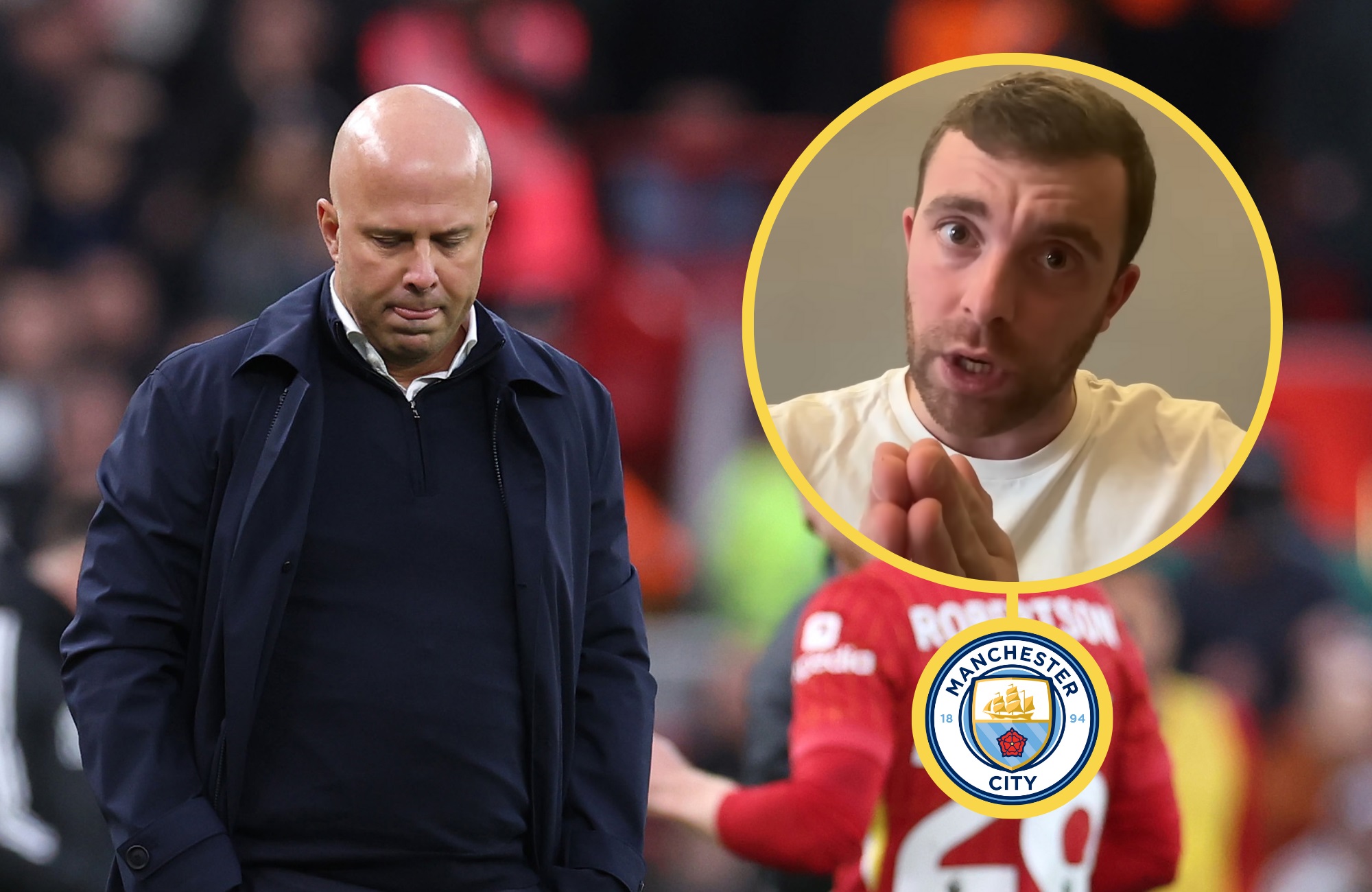 Arne Slot looks dejected next to a picture of transfer news expert Fabrizio Romano.