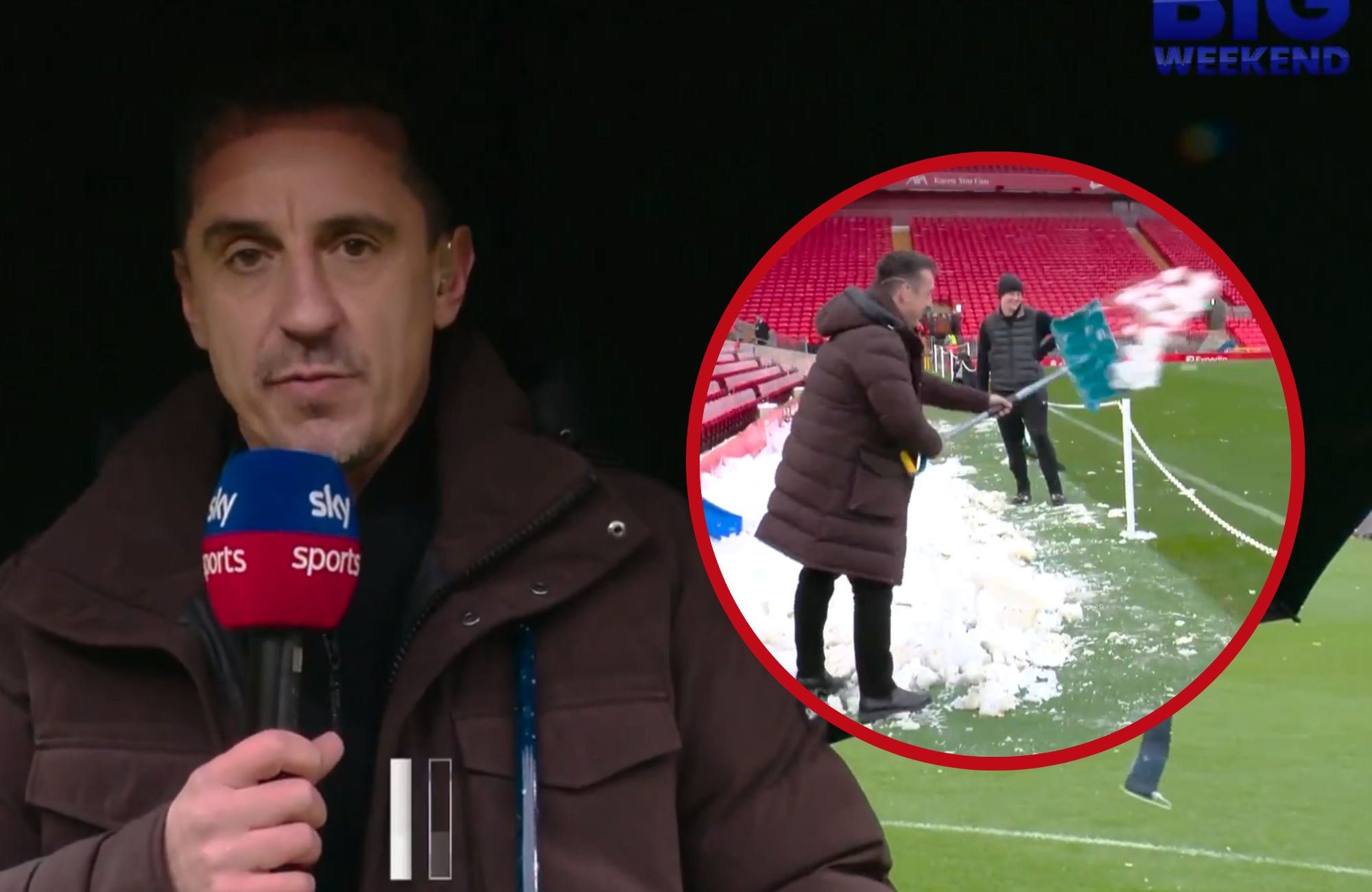 Gary Neville holds a Sky Sports microphone next to a picture of him shovelling snow at Anfield.