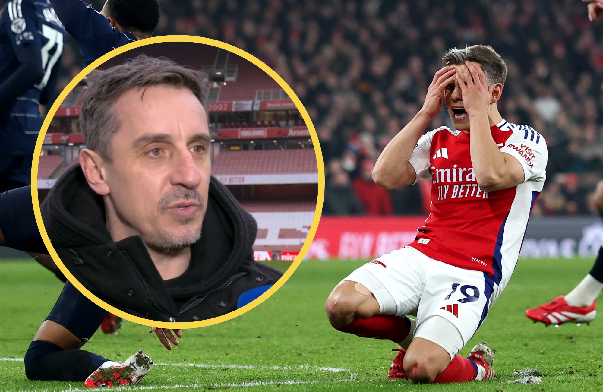 Gary Neville looks at a frustrated Kai Havertz at the Emirates Stadium.