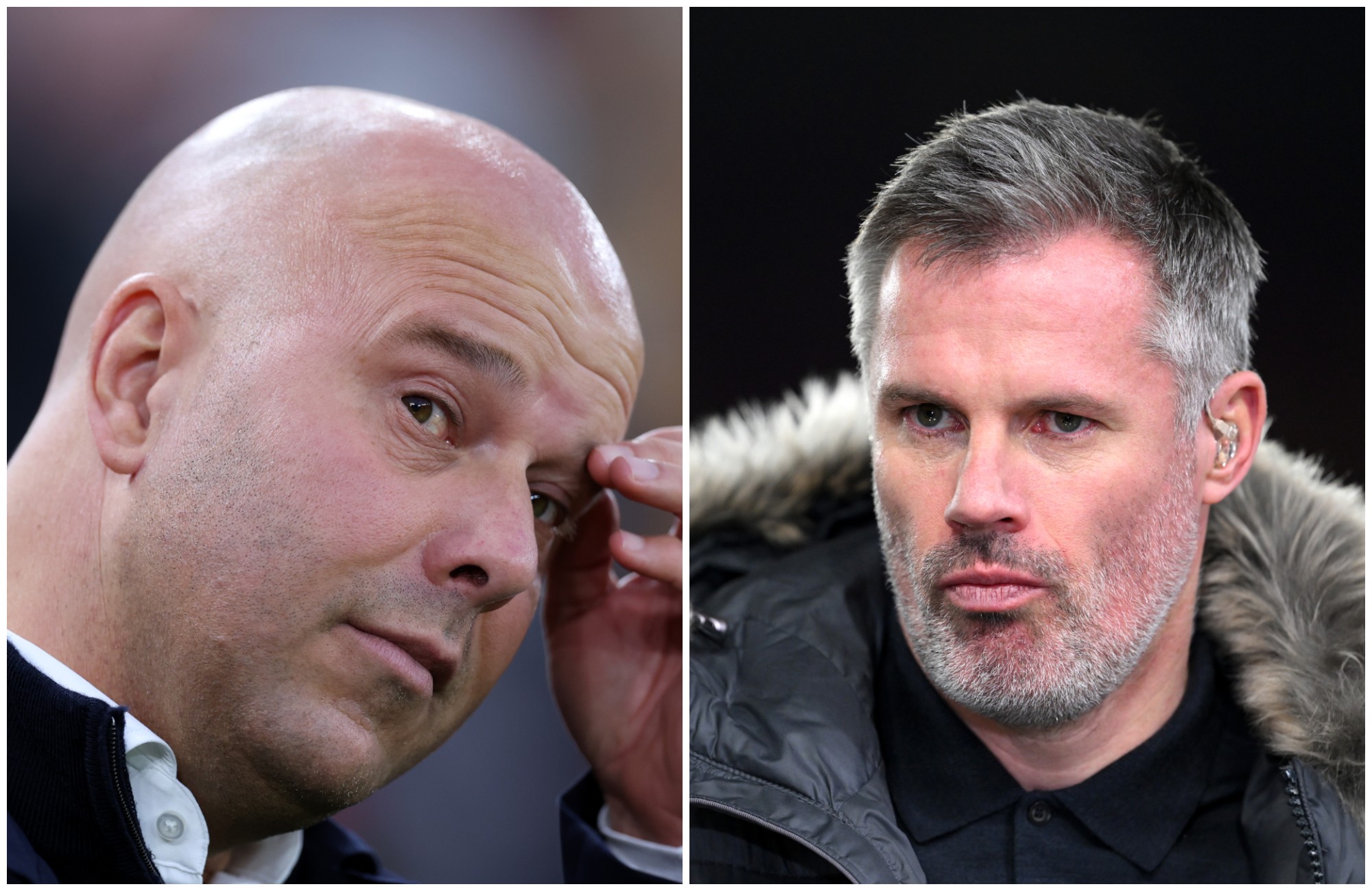 Arne Slot looks sheepish whilst Jamie Carragher looks on.