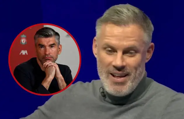 Jamie Carragher talks on Sky Sports next to picture of Liverpool sporting director Richard Hughes.