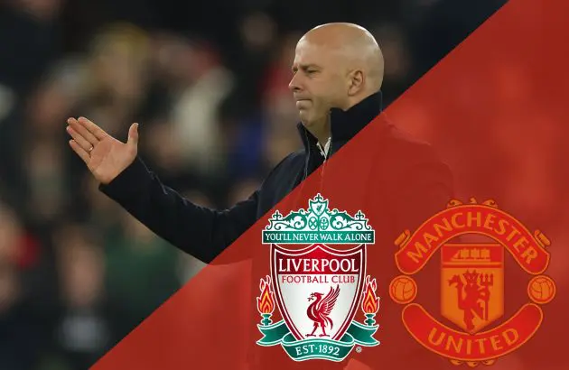 Arne Slot holds out his hand above Liverpool and Manchester United club badges.