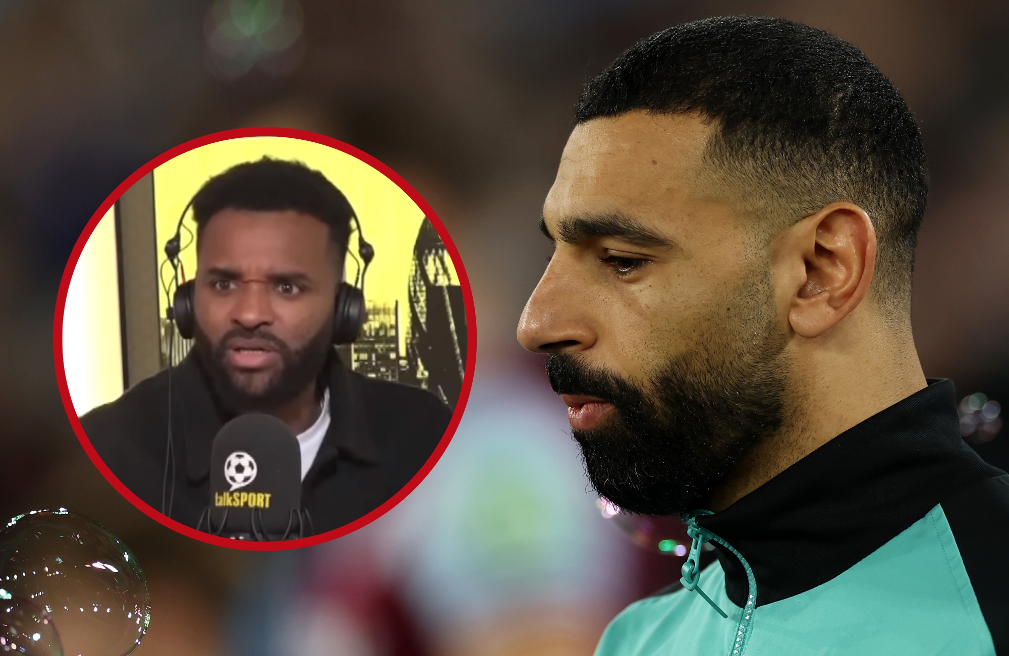 Mo Salah looks down on a picture of Darren Bent.
