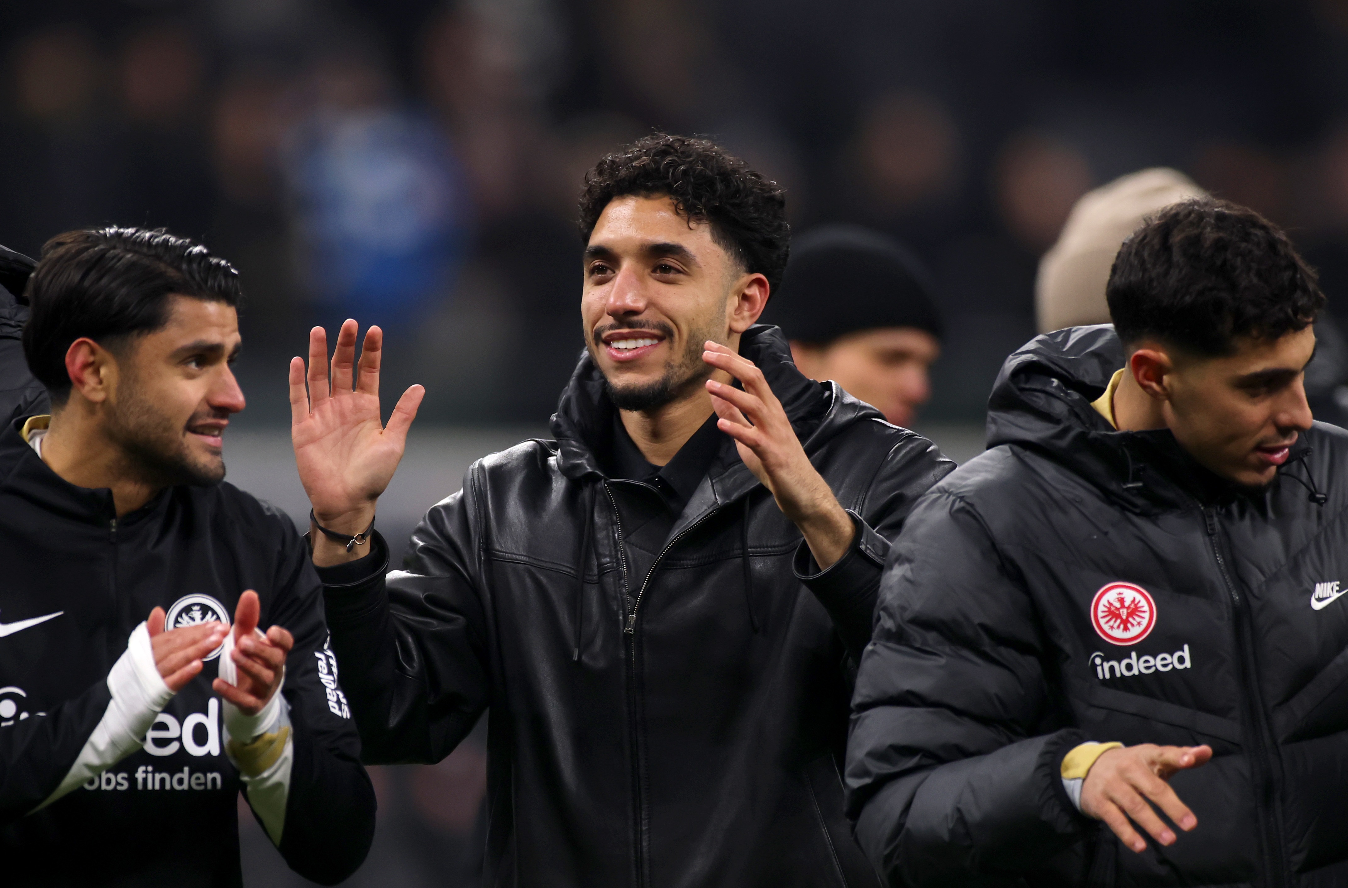 Omar Marmoush acknowledges Frankfurt's fans in the stands.