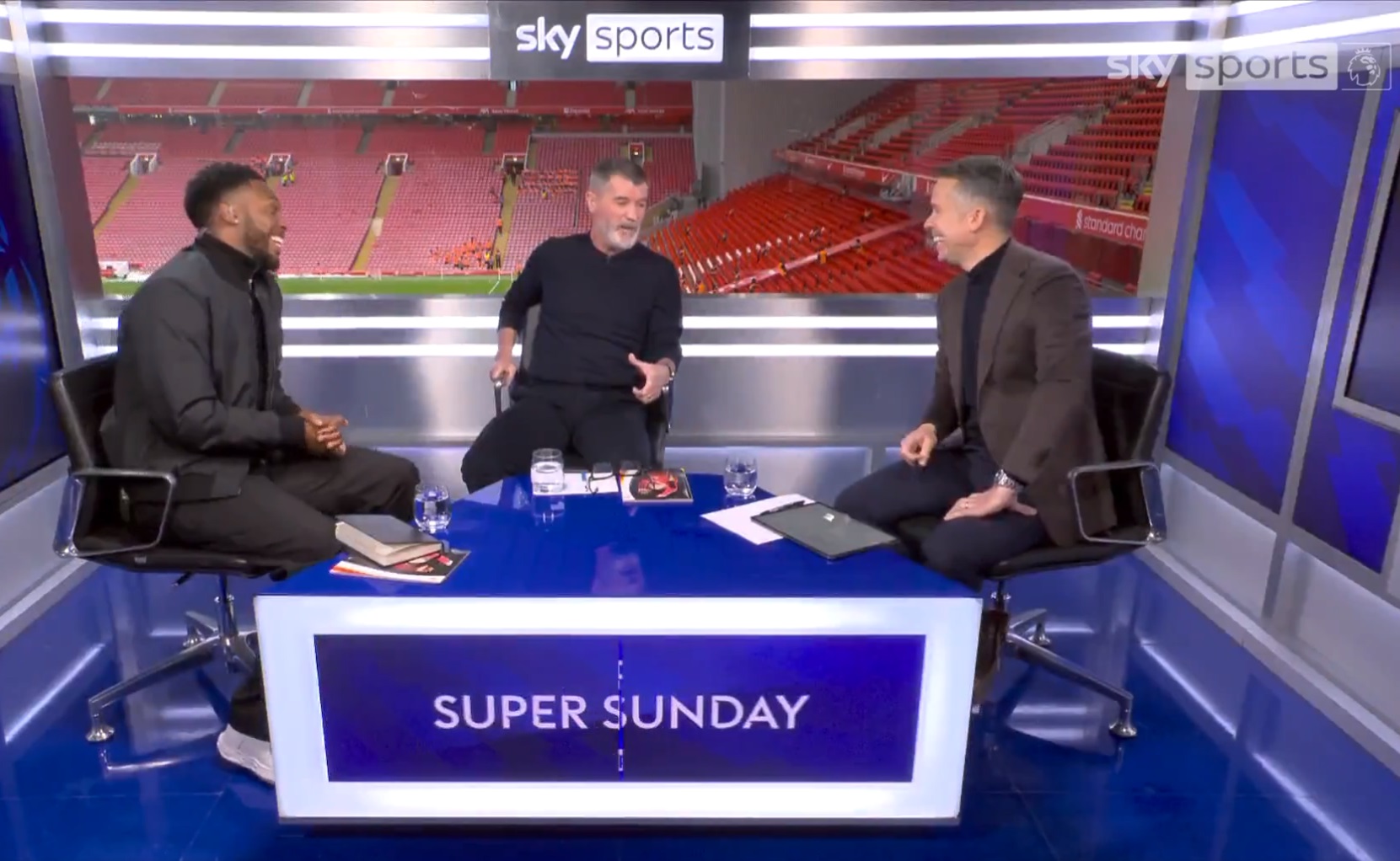 Roy Keane speaks to his Sky co-pundits ahead of Liverpool v Manchester United at Anfield.