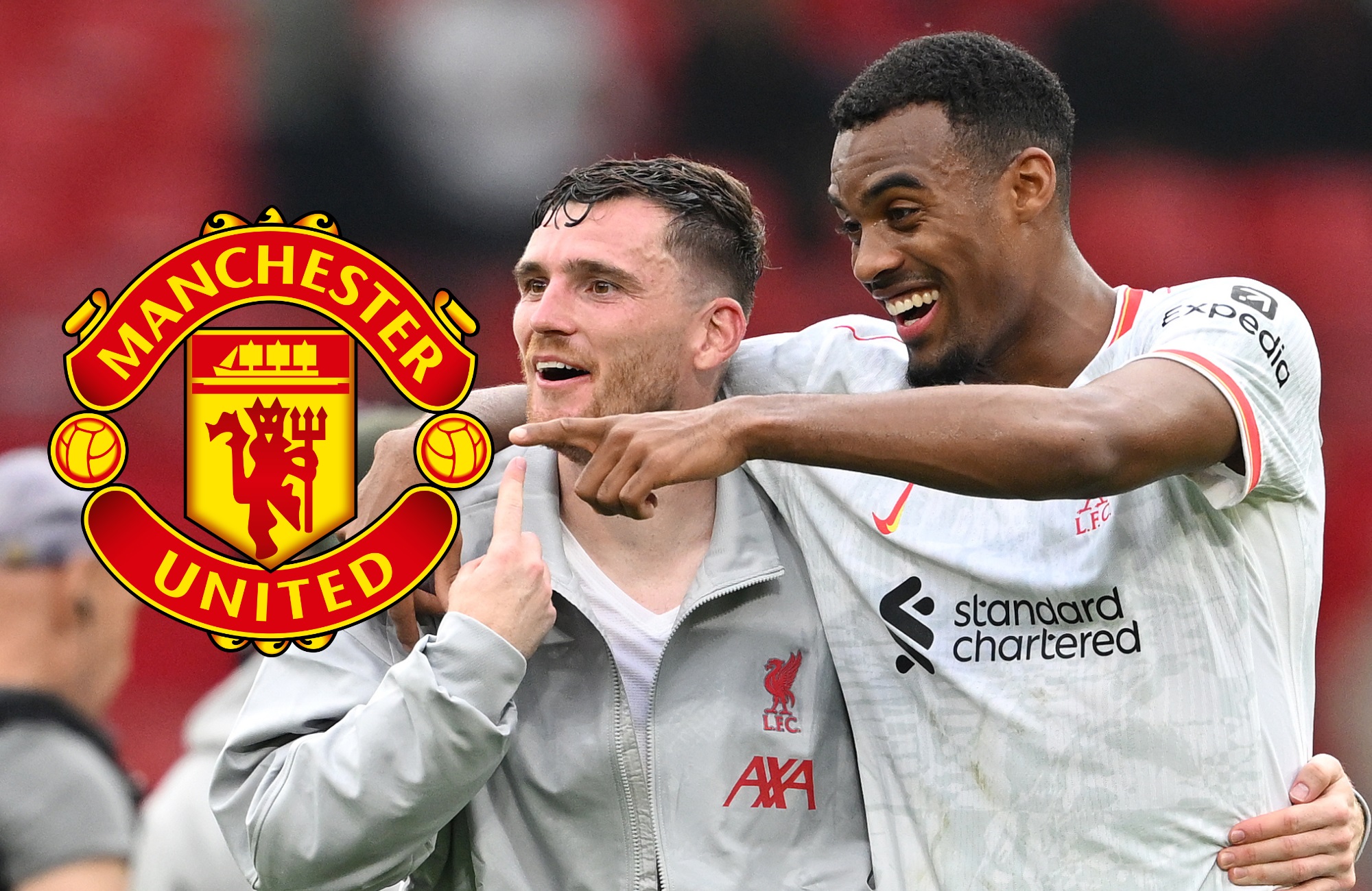 Ryan Gravenberch laughs and points at Manchester United club badge.