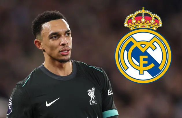 Trent Alexander-Arnold looks at Real Madrid club crest.