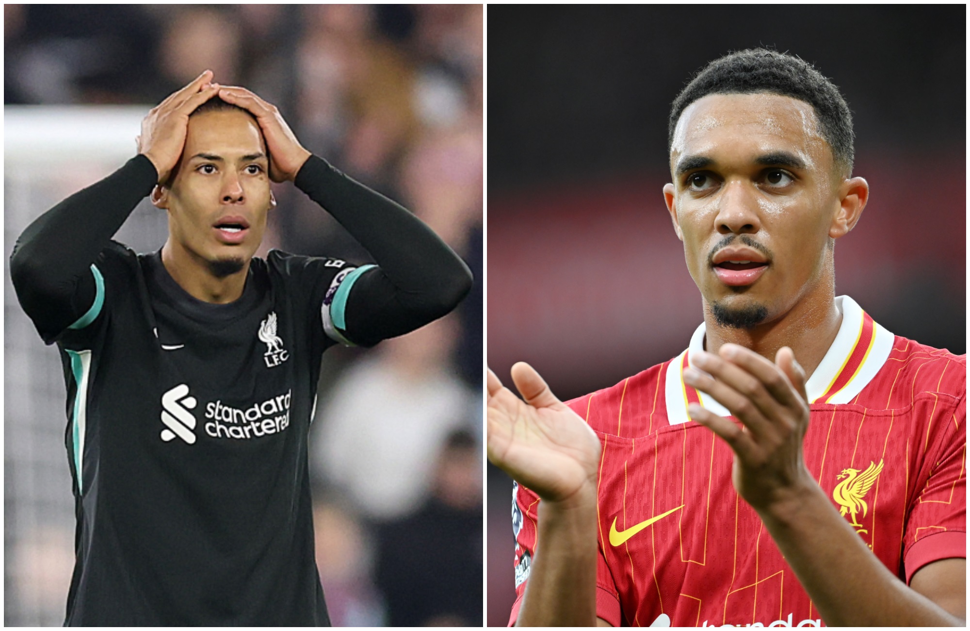 A shocked Virgil van Dijk has hands on head as Trent Alexander-Arnold looks on.