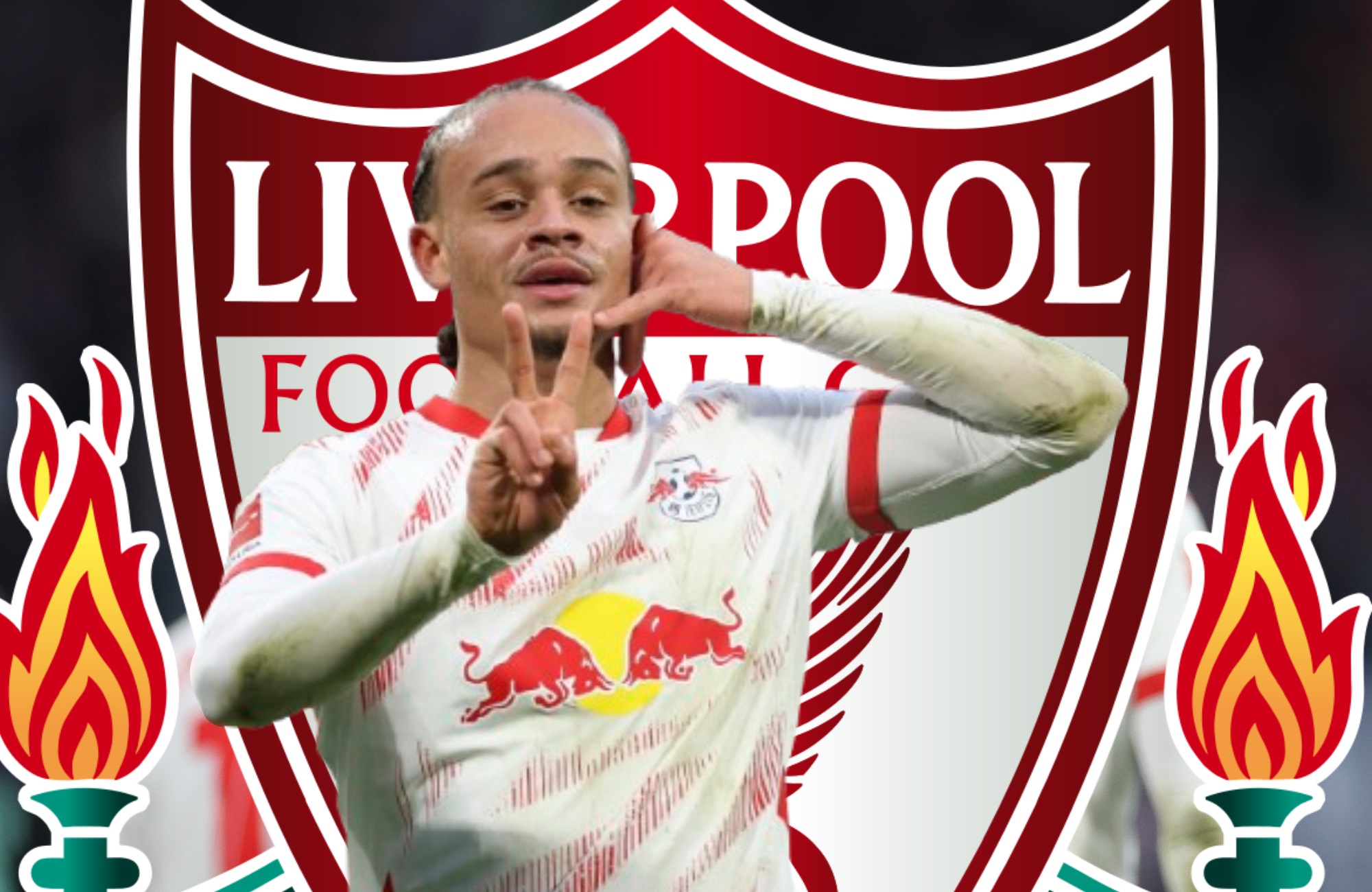 Xavi Simons holds a phone hand to his hear in front of Liverpool club crest.