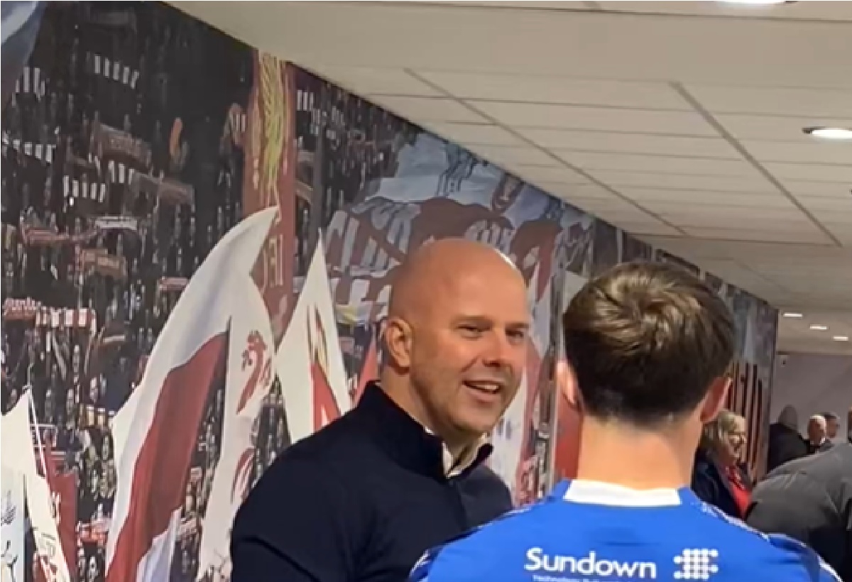 Josh Woods met Arne Slot after Liverpool's match against Accrington Stanley