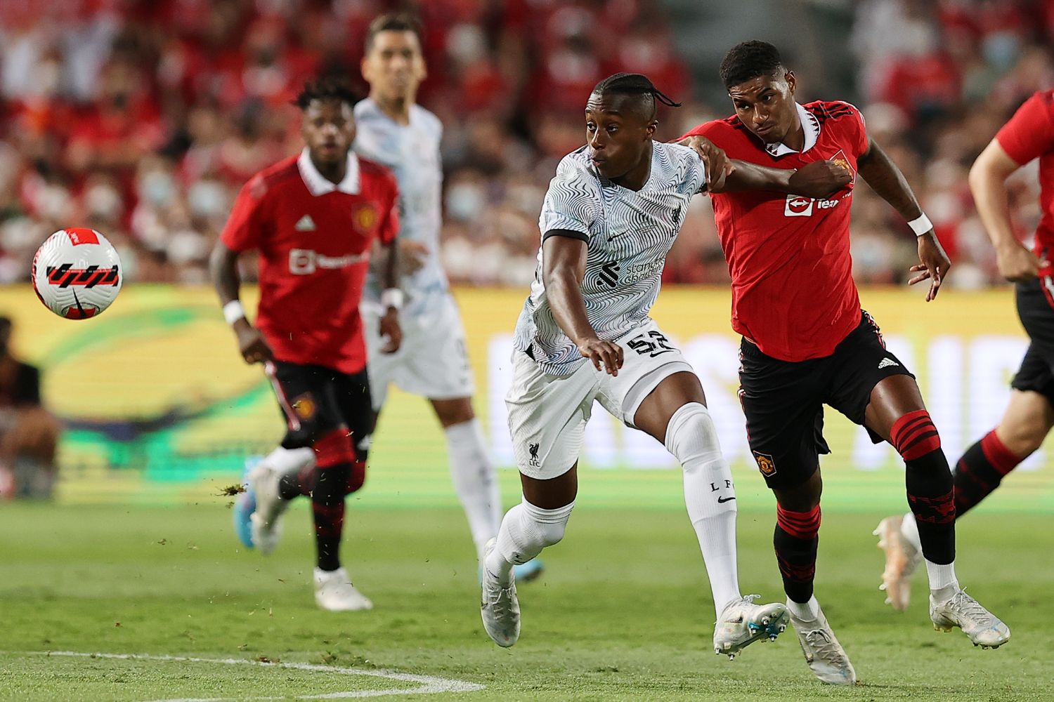 Isaac Mabaya plays for Liverpool against Manchester United