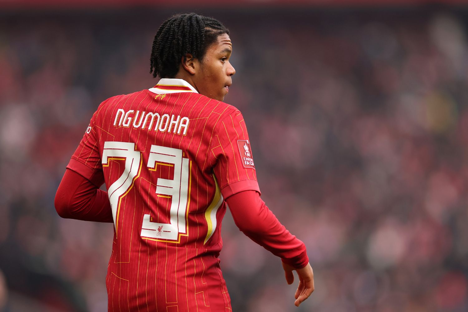 Rio Ngumoha playing for Liverpool at Anfield