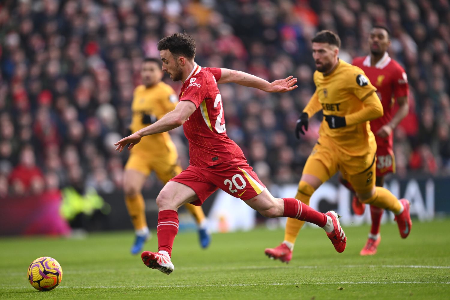 Diogo Jota in action against Wolves at Anfield