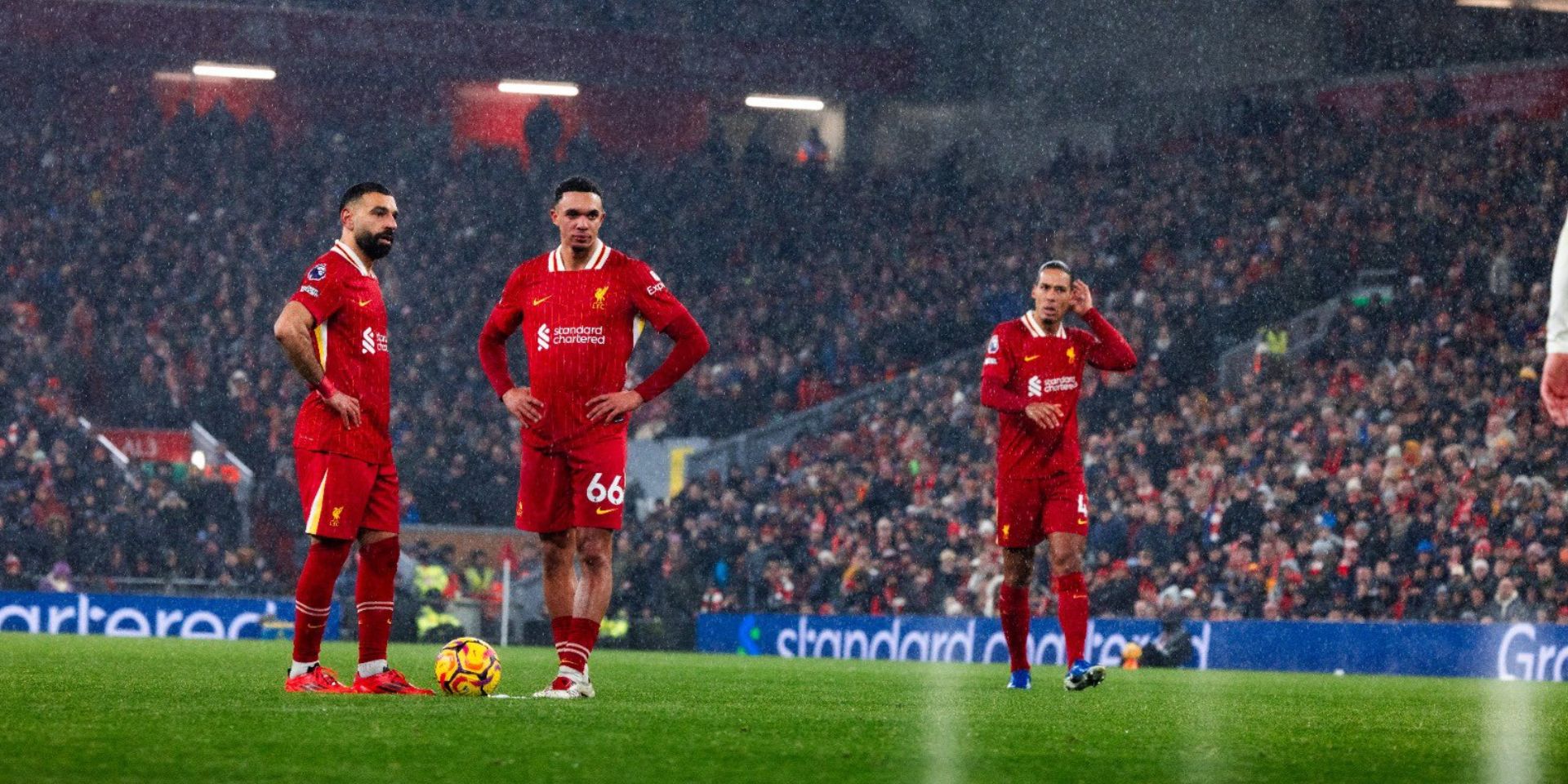 Trent Alexander-Arnold, Virgil van Dijk and Mo Salah at Anfield