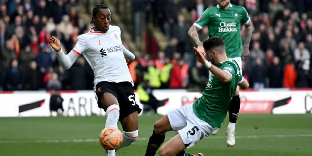 Isaac Mabaya plays for Liverpool against Plymouth