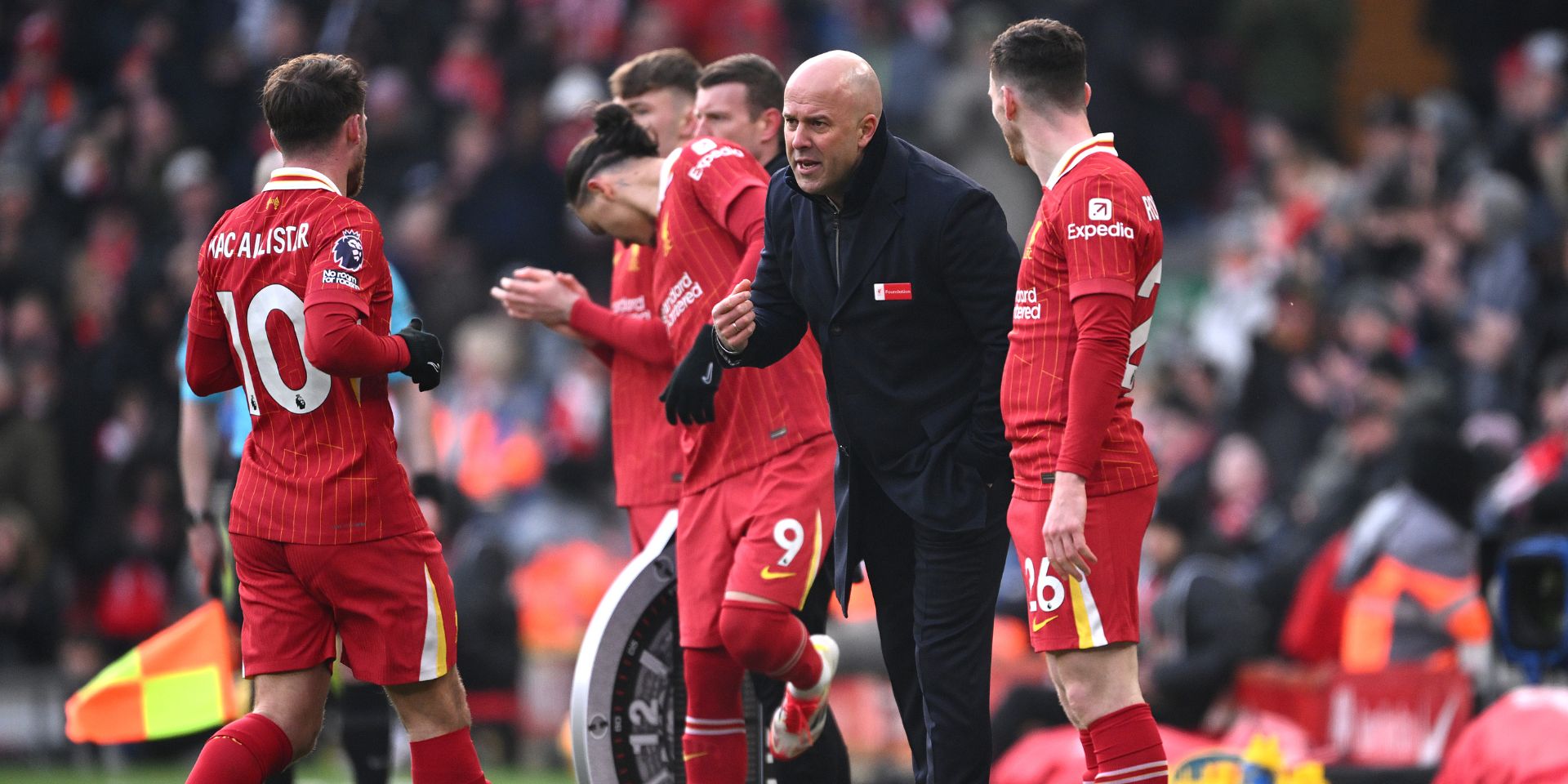 Arne Slot oversees Liverpool at Anfield
