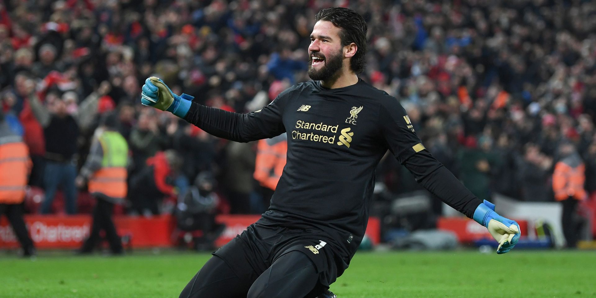 Alisson Becker celebrates for Liverpool in 2020
