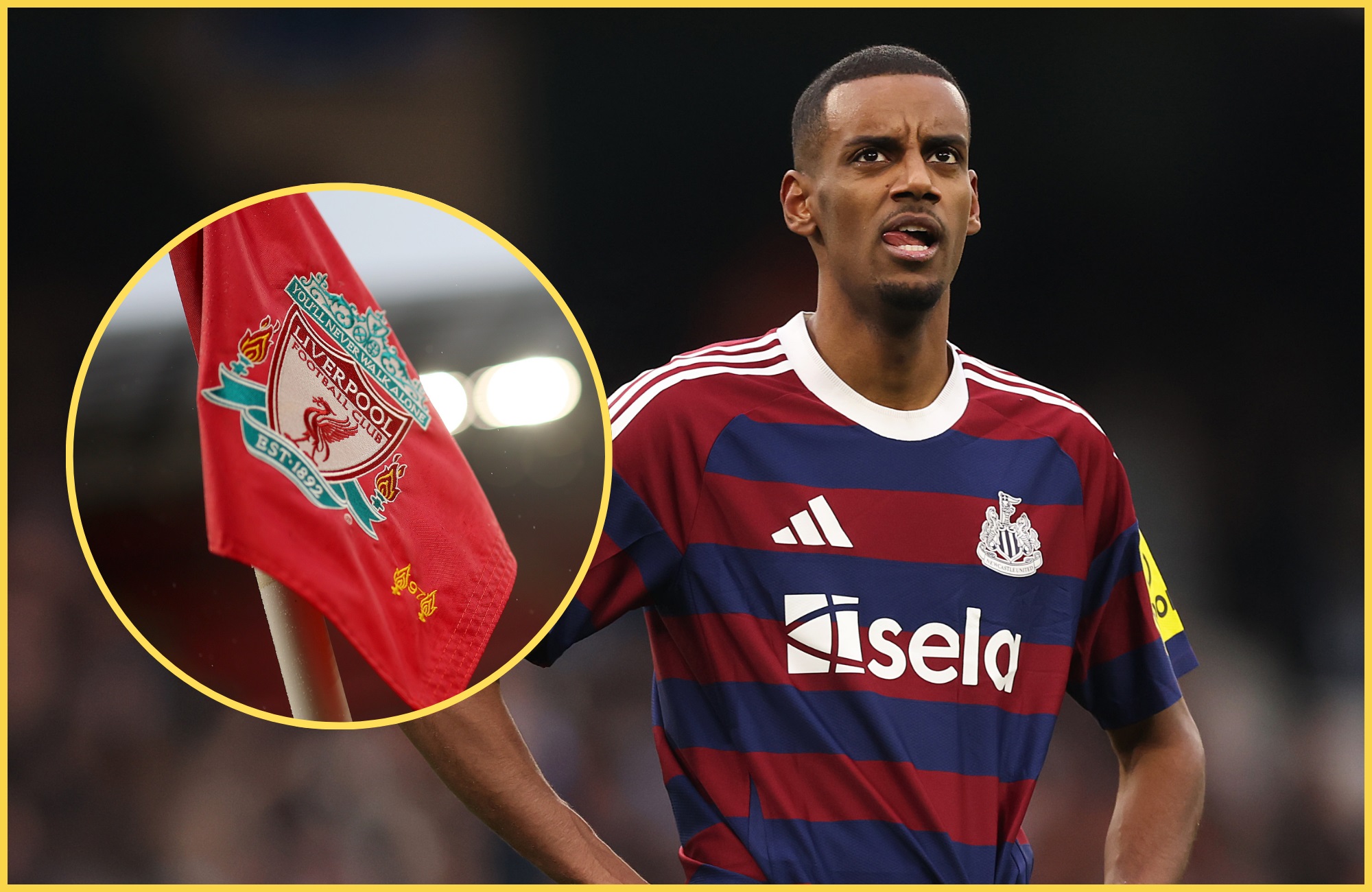 Alexander Isak puts his hands on his hips next to Liverpool corner flag.