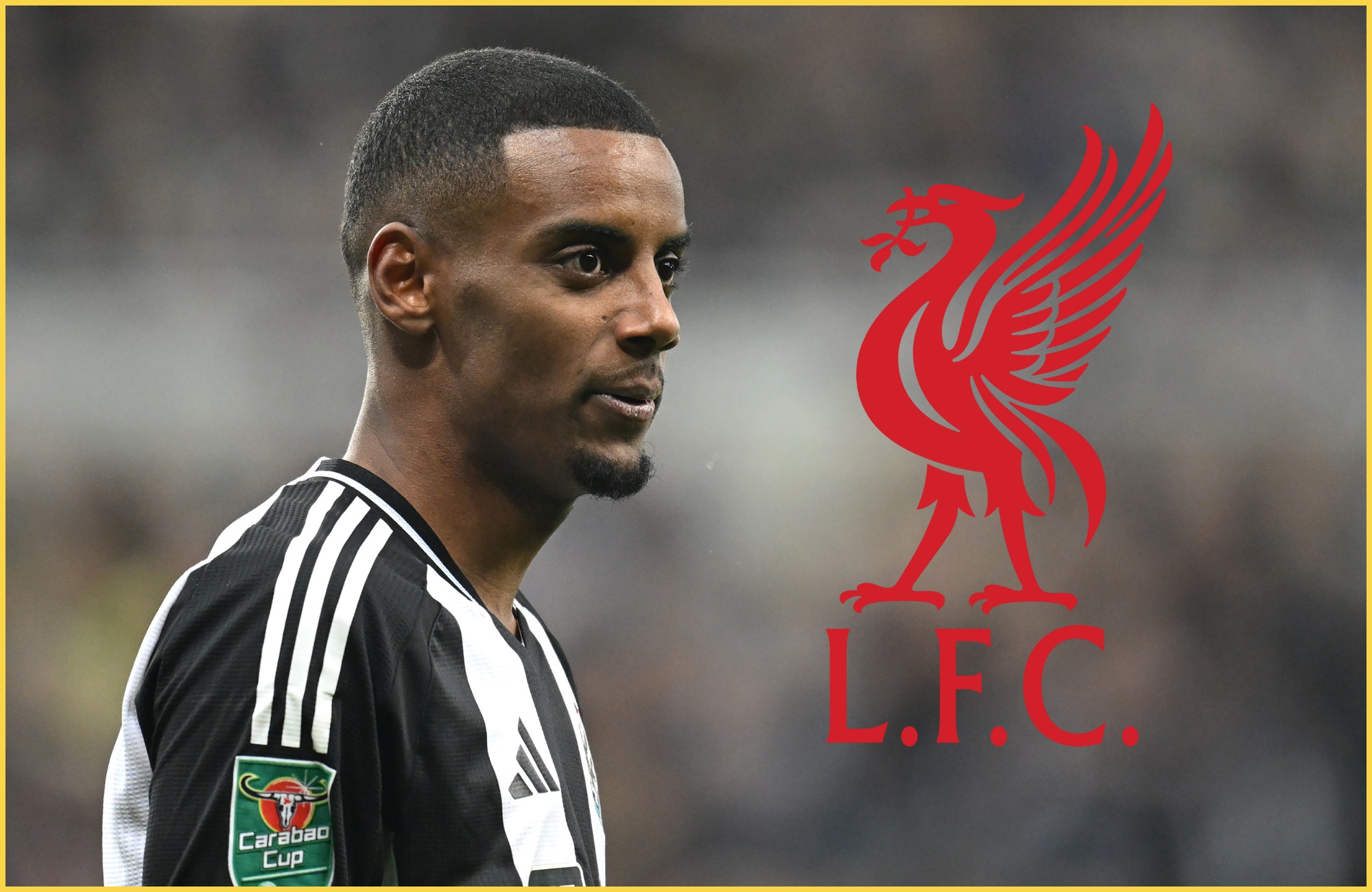Liverpool target Alexander Isak looks at the Reds club crest.