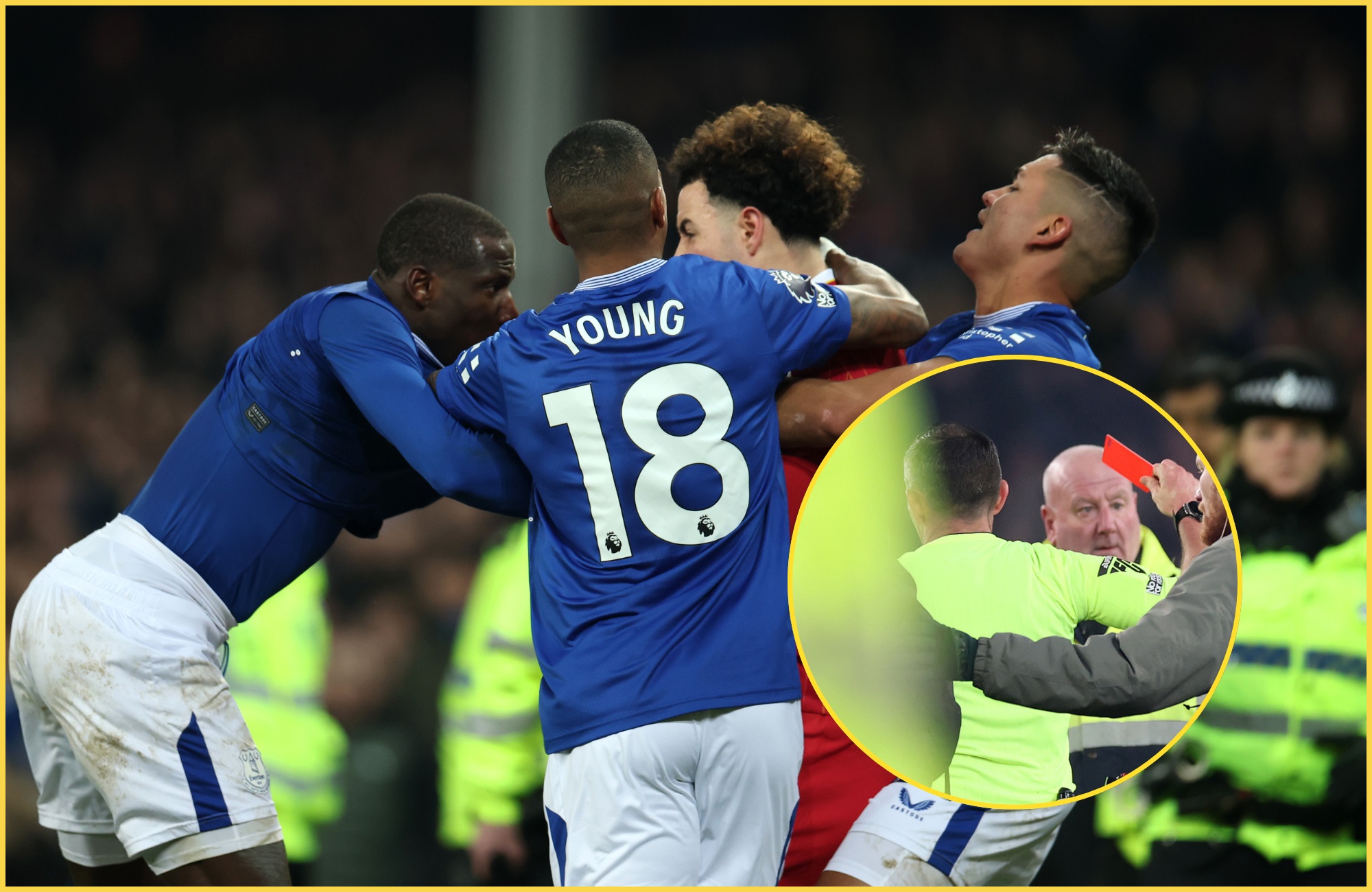 Michael Oliver shows a red card after Curtis Jones clashes with Doucoure.