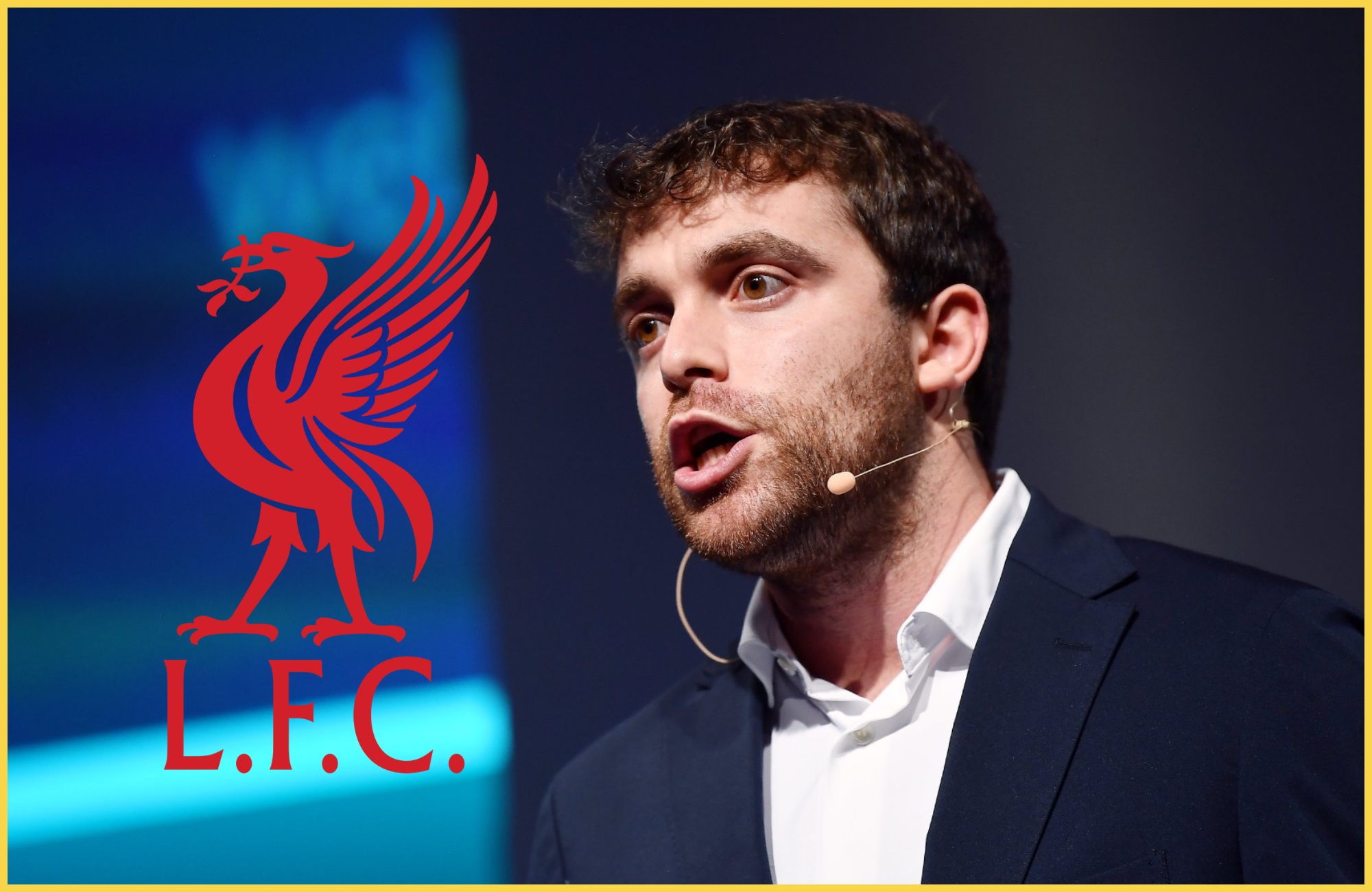 Fabrizio Romano speaks next to Liverpool club crest.
