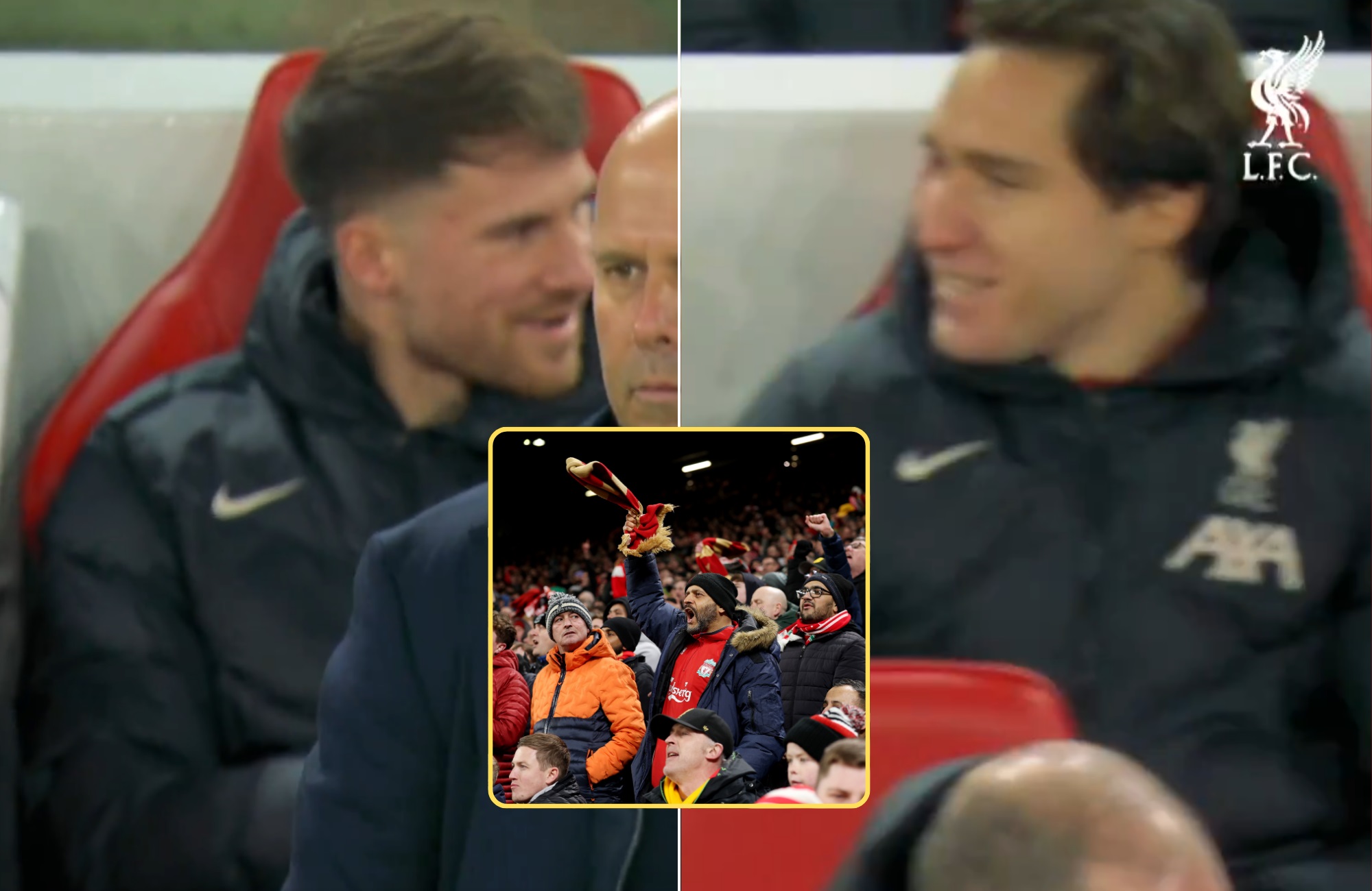 Alexis Mac Allister looks at Federico Chiesa on the Liverpool bench.