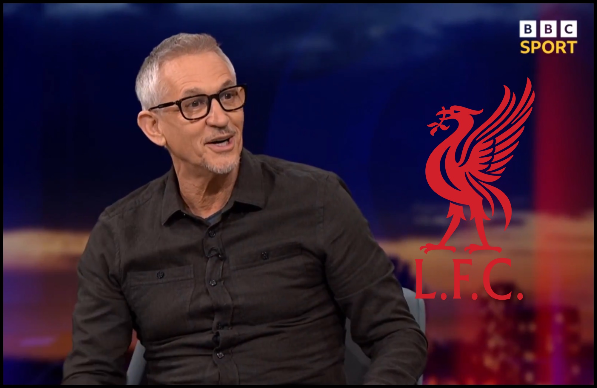 Gary Lineker smiles at Liverpool club crest.