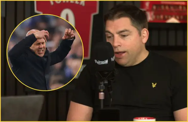 James Pearce talks into a microphone next to a frustrated Liverpool head coach Arne Slot.