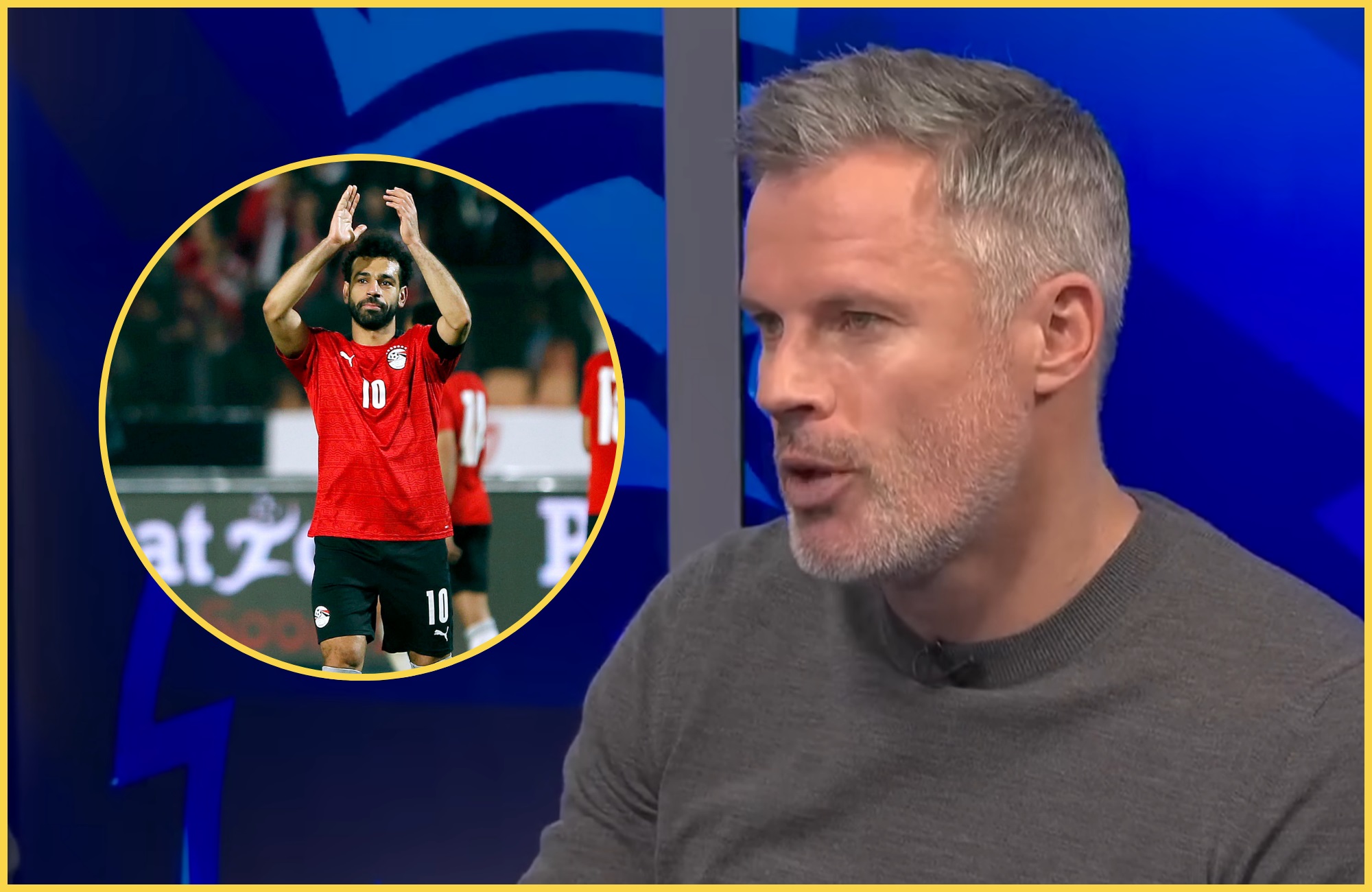Jamie Carragher in Sky Sports studio next to Mo Salah in an Egypt kit.