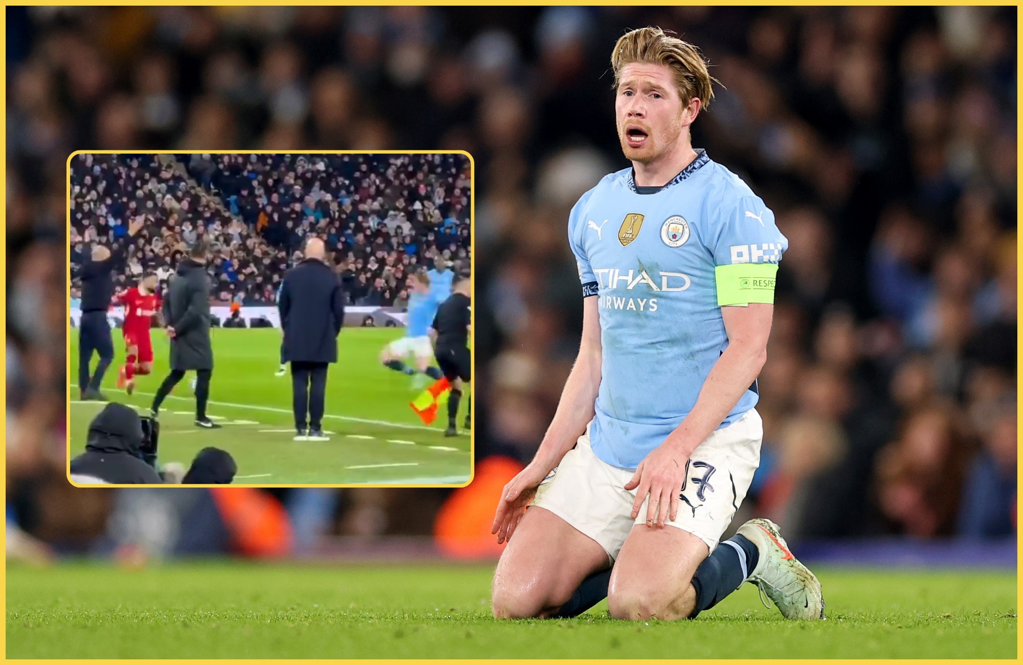 Kevin De Bruyne on his knees next to a picture of Mo Salah dribbling.