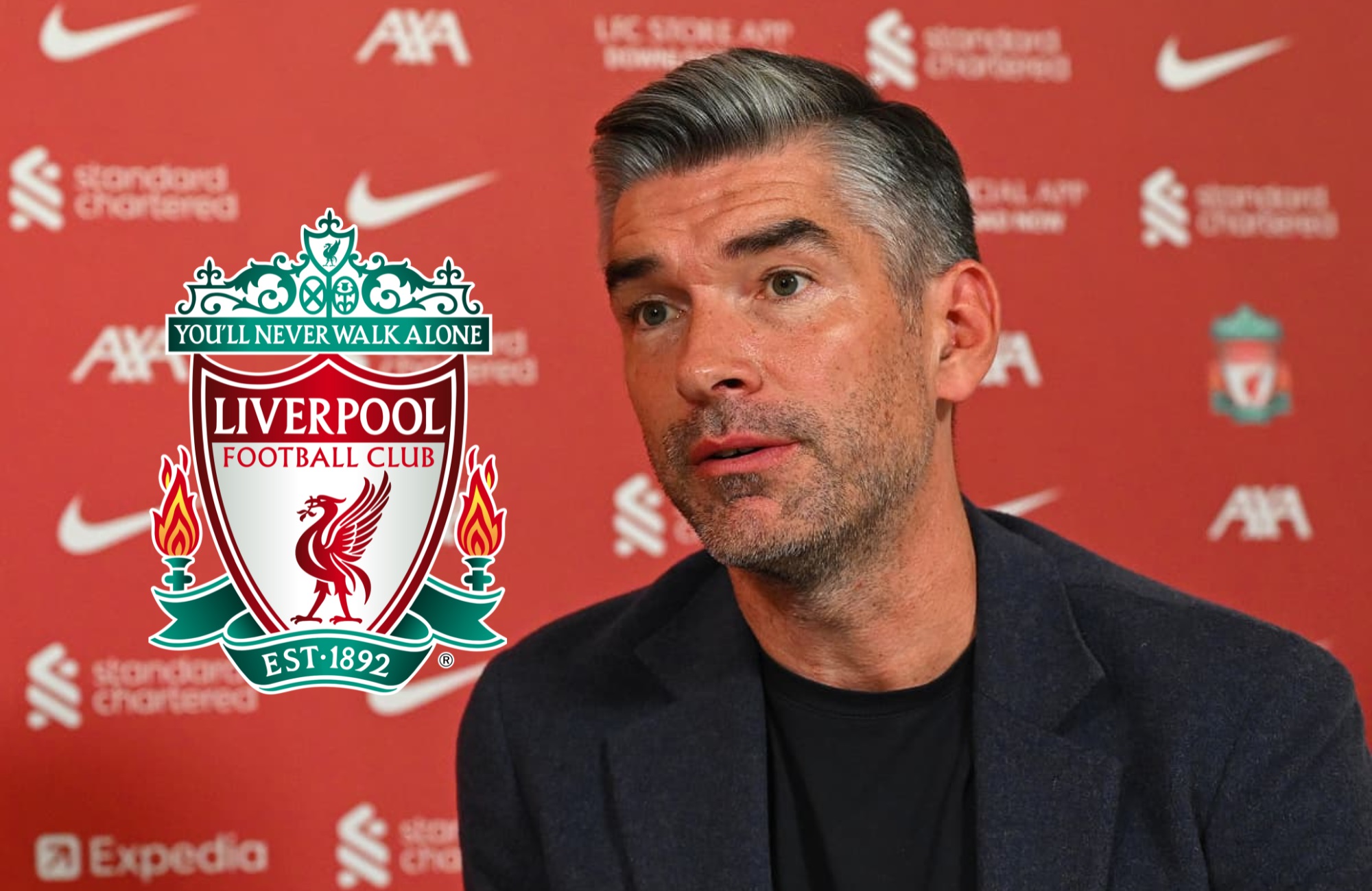 Richard Hughes perks up during Liverpool press conference.