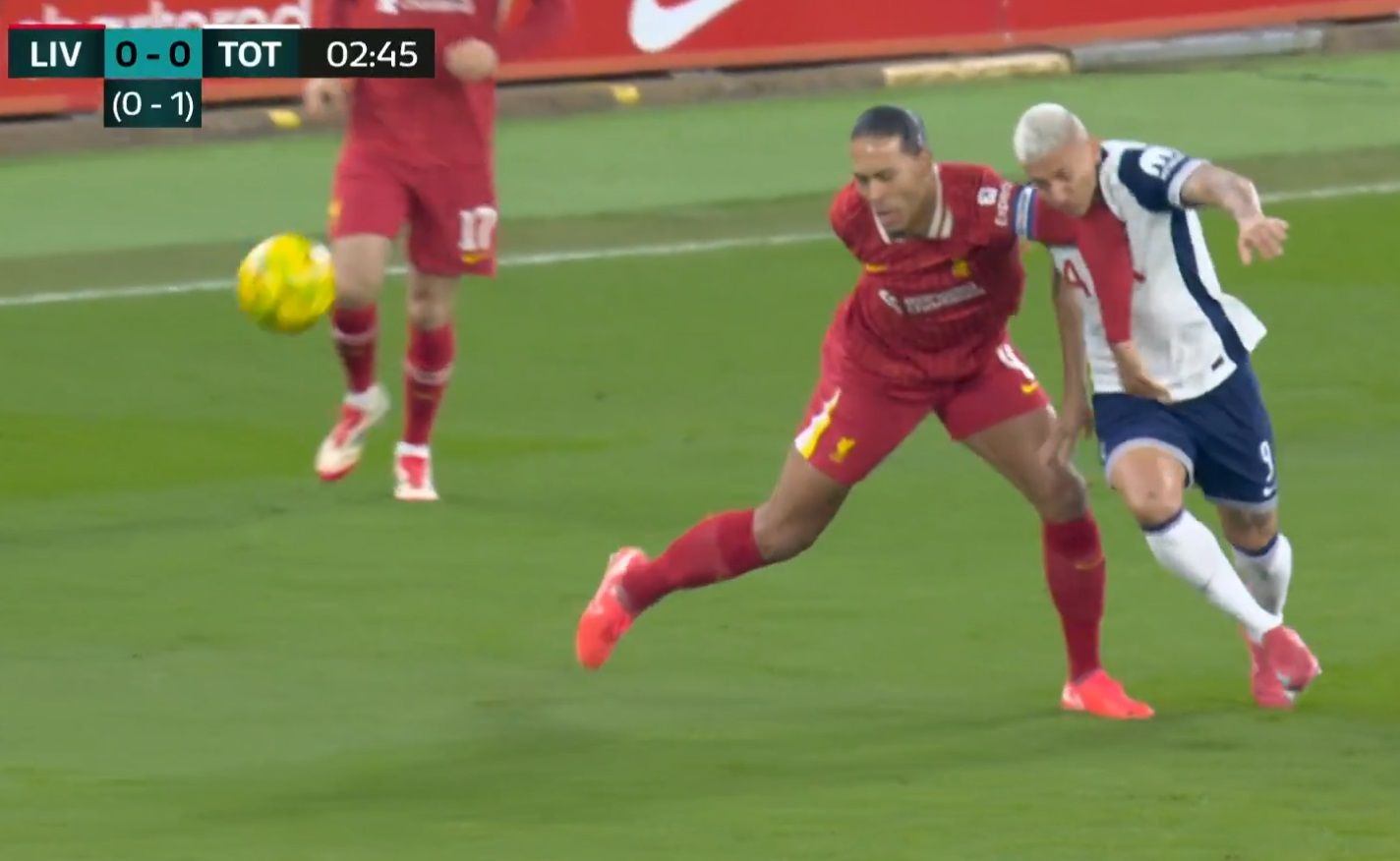 Virgil van Dijk barges into Richarlison at Anfield.