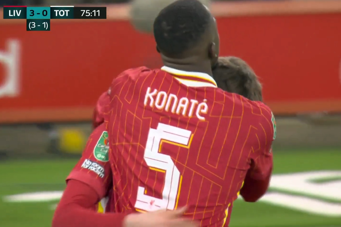 Ibrahima Konate congratulates Conor Bradley for his assist for Dominik Szoboszlai to score
