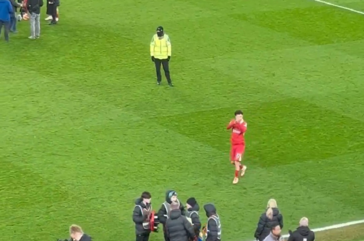 Curtis Jones applauds the Anfield crowd after Liverpool's win over Newcastle