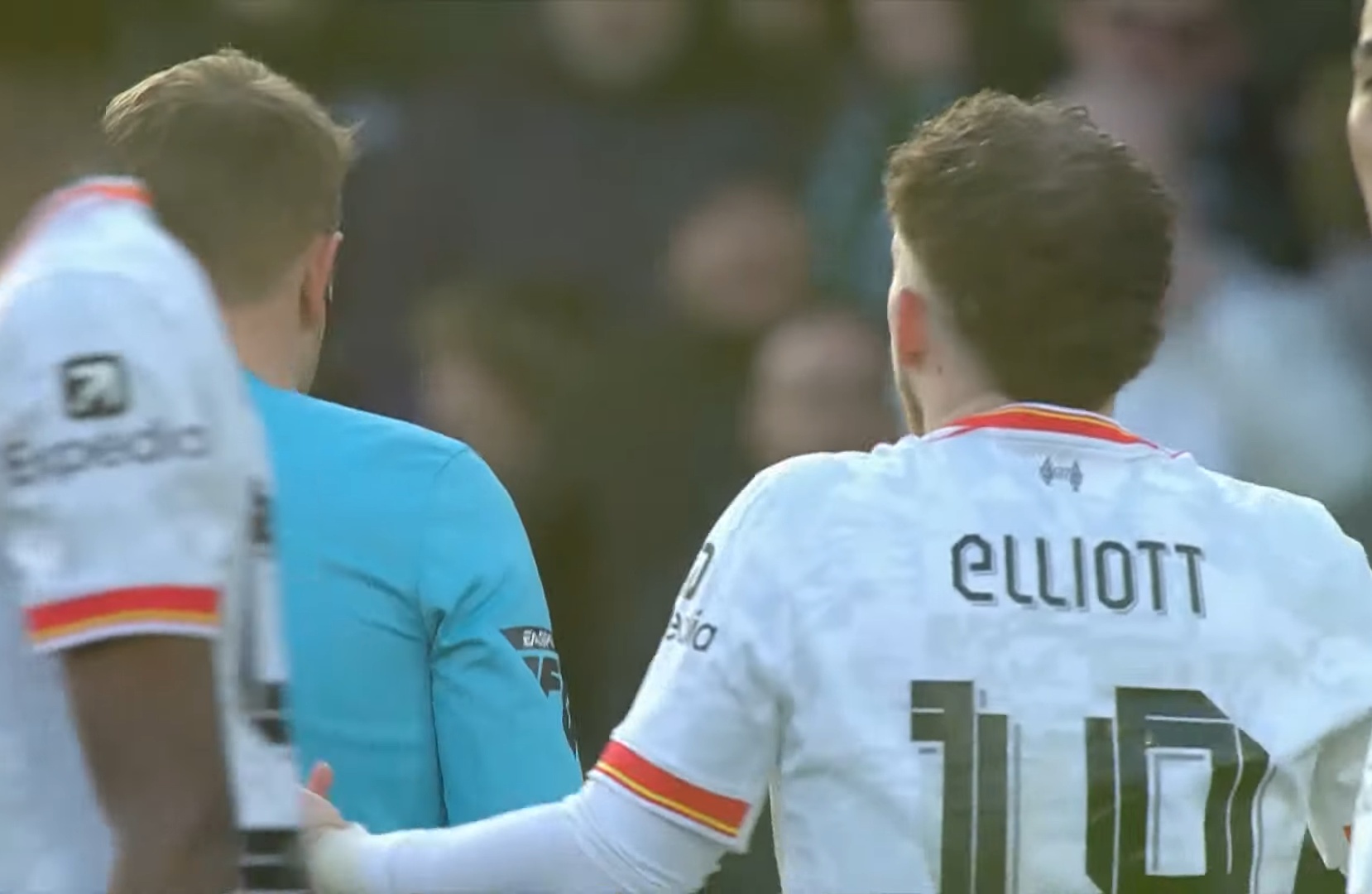 Harvey Elliott protests to Sam Barrott over the penalty given against him in Liverpool's defeat to Plymouth