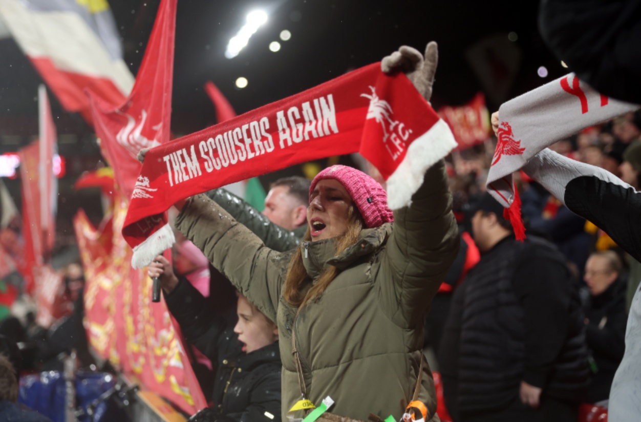 Liverpool fans celebrate their 2-0 win over Newcastle