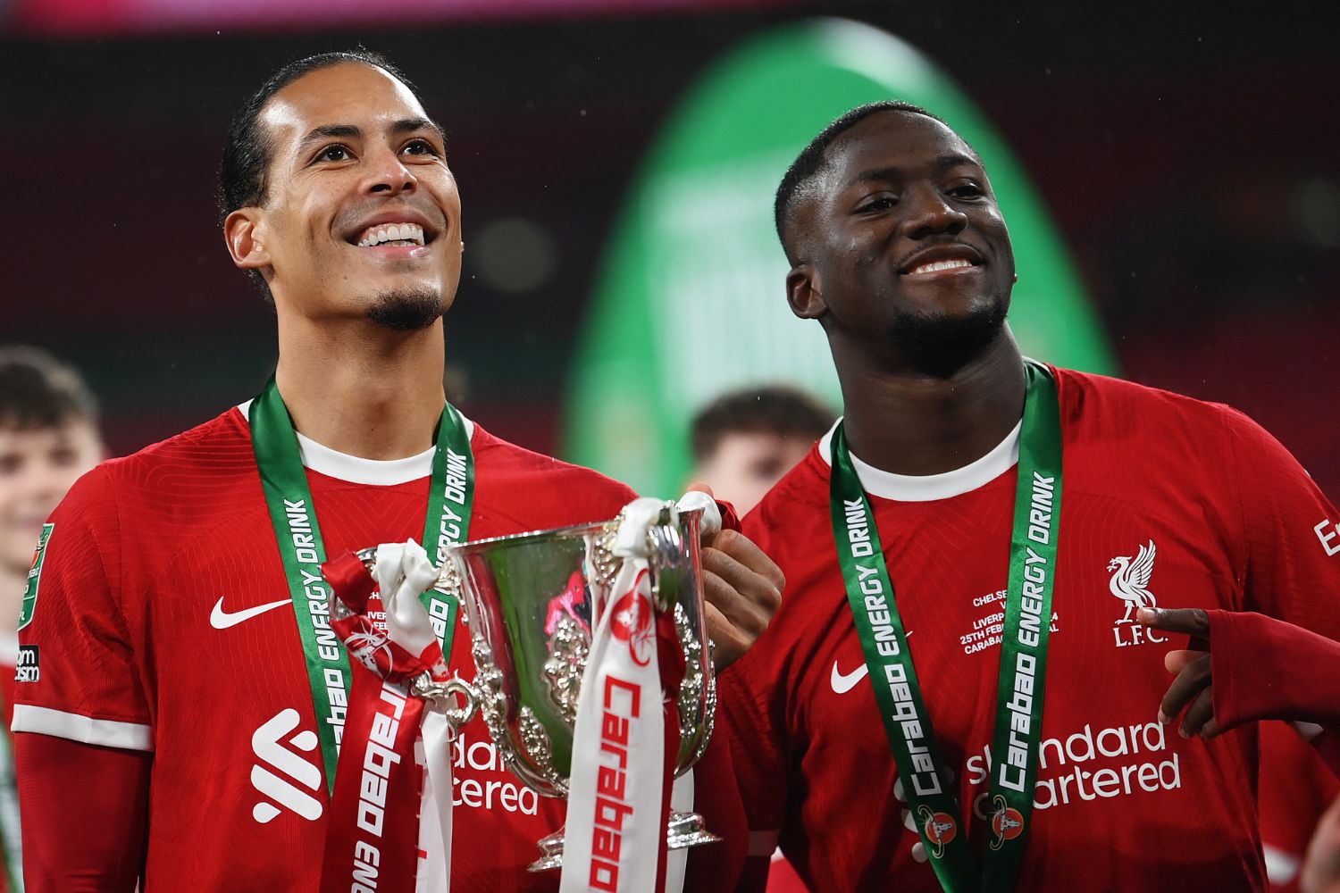 Ibou Konate and Virgil van Dijk with the Carabao Cup
