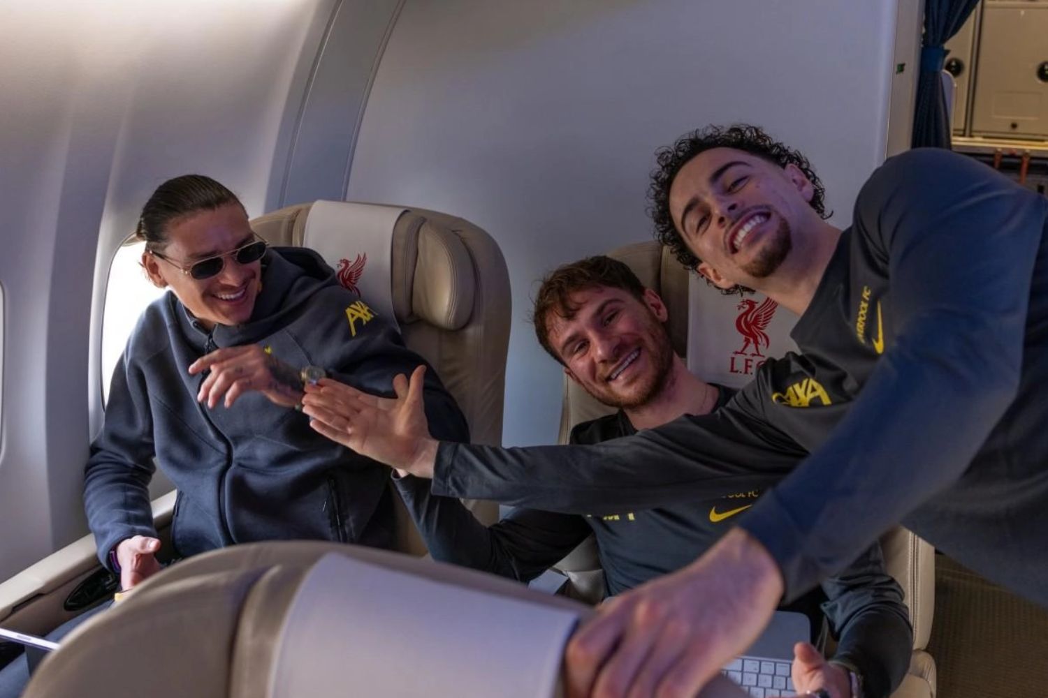 Darwin Nunez, Alexis Mac Allister and Curtis Jones on their way to Paris