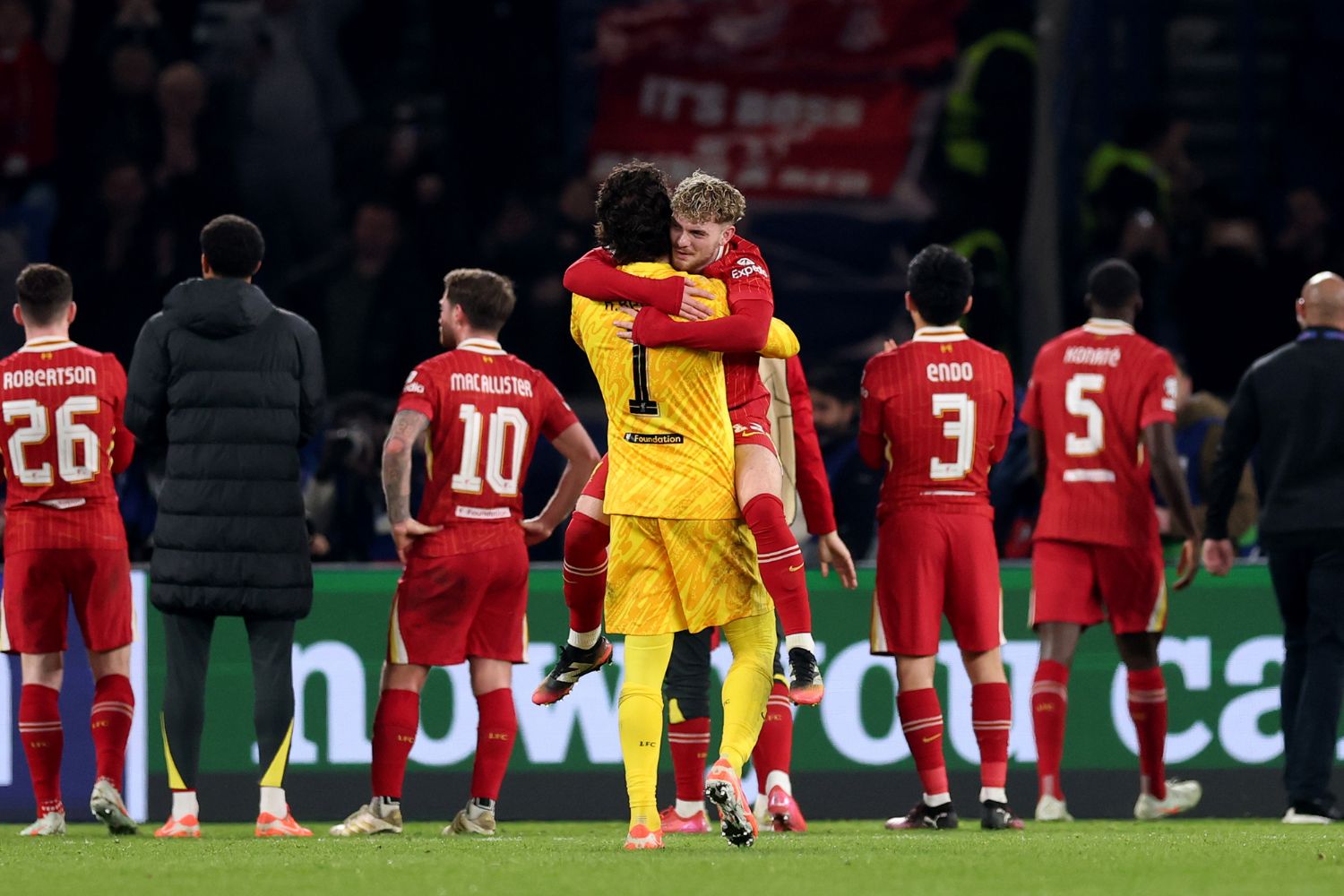 Alisson Becker and Harvey Elliott celebrate against PSG