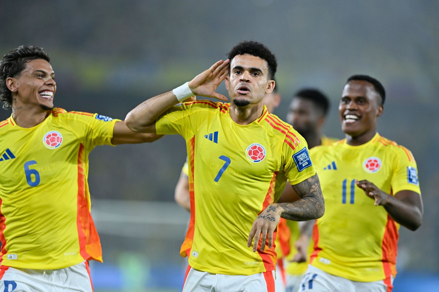 Luis Diaz celebrates scoring for Colombia