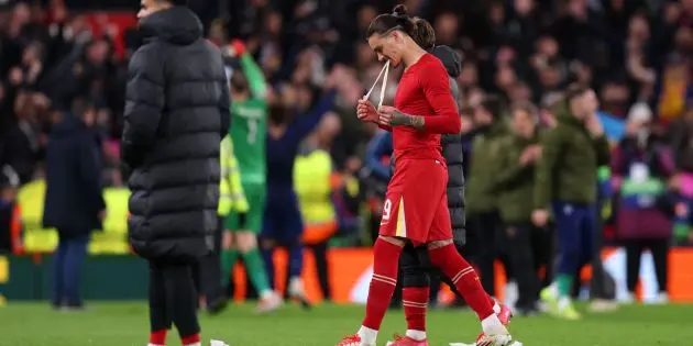 Darwin Nunez walks off the pitch at Anfield against PSG