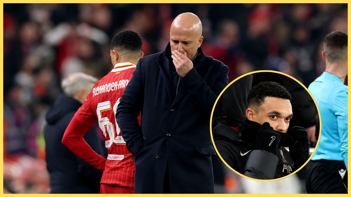 Arne Slot covers his mouth next to picture of Trent Alexander-Arnold.