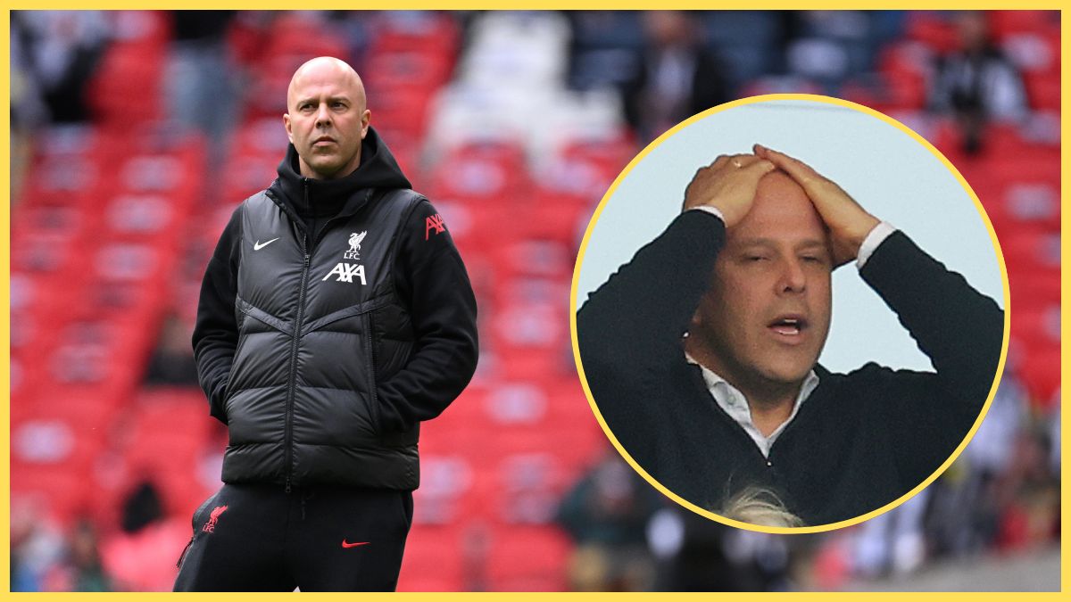 Arne Slot stands with his hands in his pockets next to picture of Liverpool head coach with hands on head.