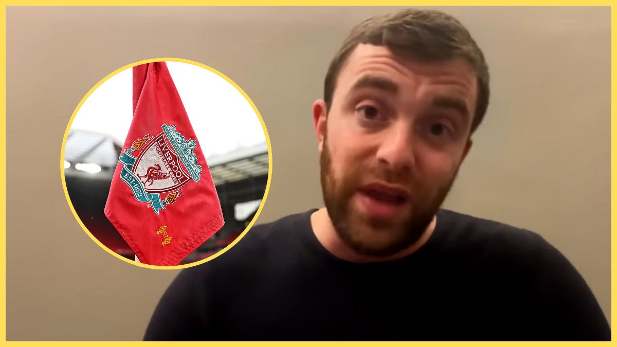 Fabrizio Romano speaks next to Liverpool corner flag.