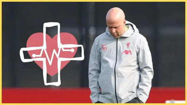 Arne Slot looks dejected next to heart and health symbol.