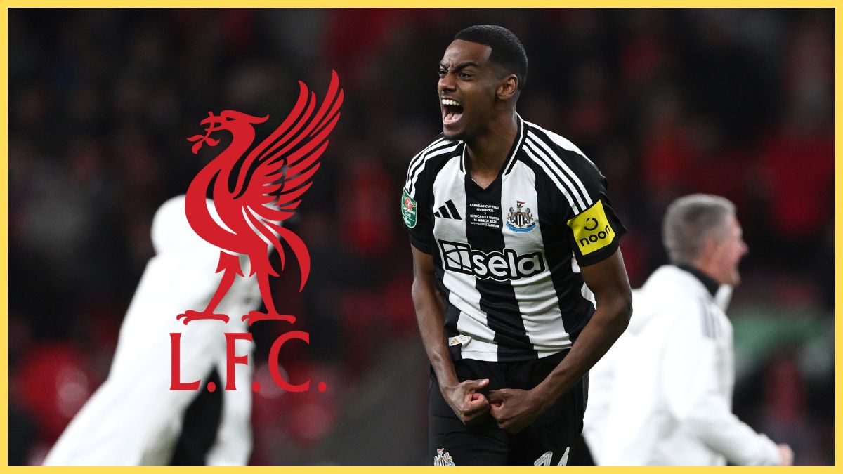 Alexander Isak celebrates screaming next to Liverpool club crest.