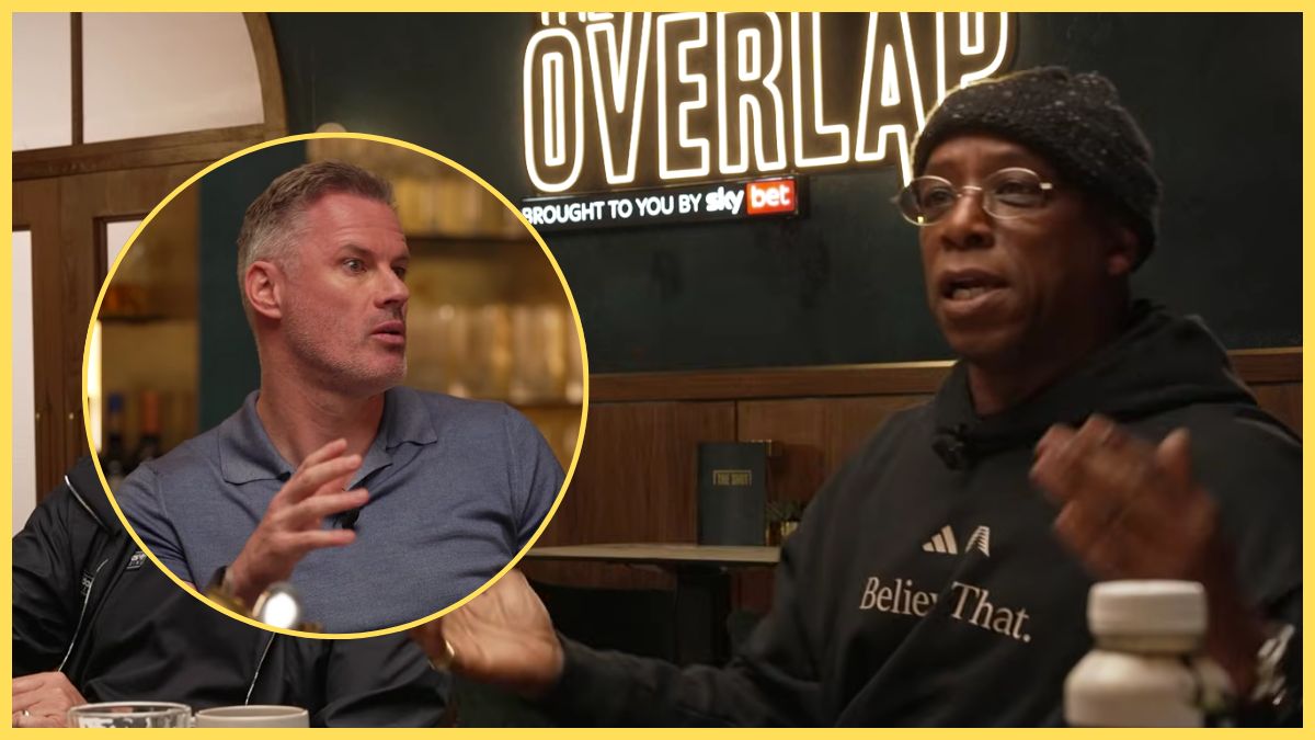 Ian Wright holds up his hands in disbelief next to picture of Jamie Carragher.
